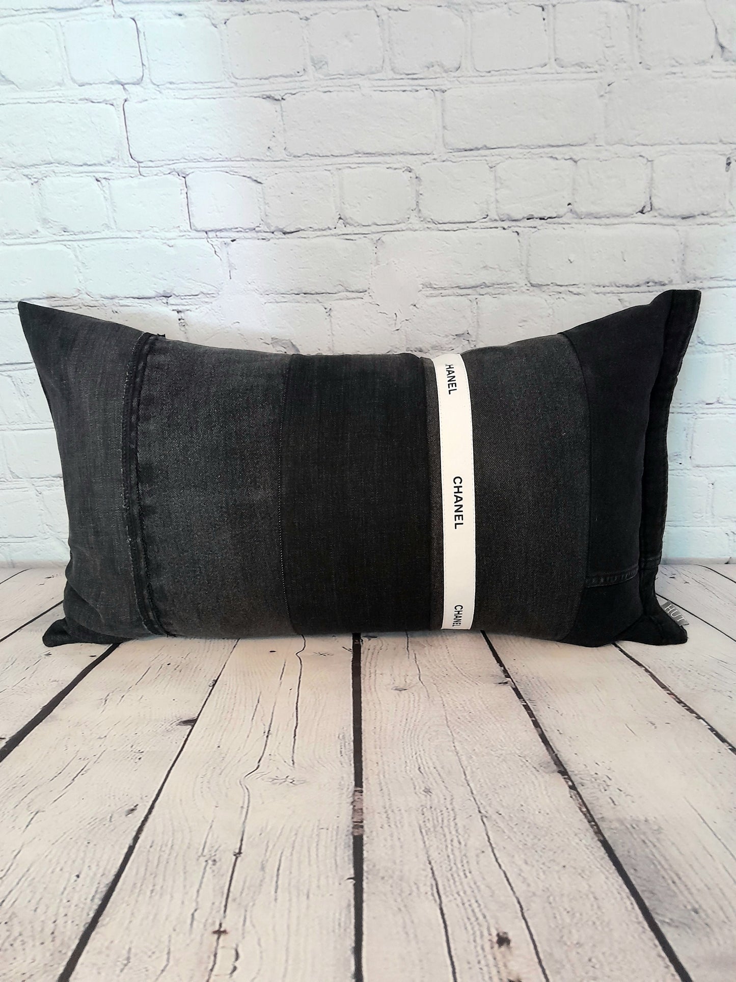 Black white upcycled home decor. Denim bolster cushion throw pillow.
