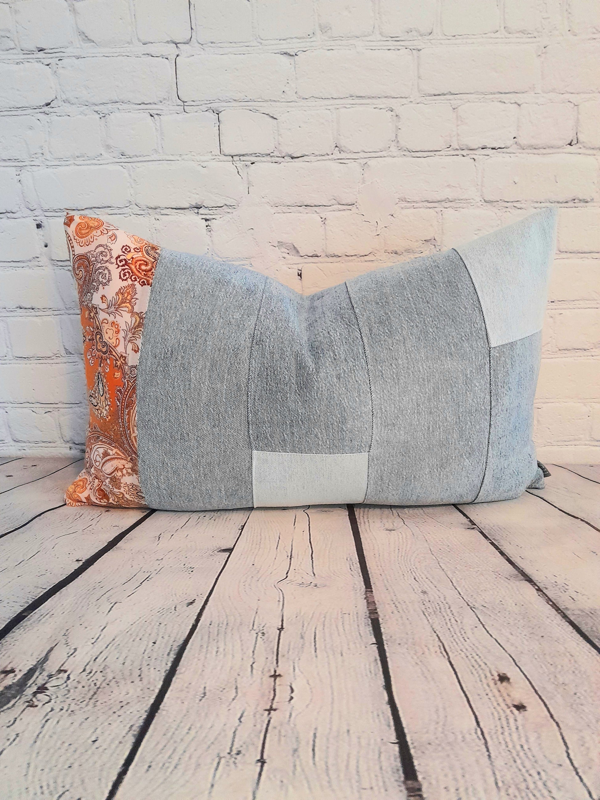 Vintage denim cushions, bolster pillows with orange vintage fabric.
