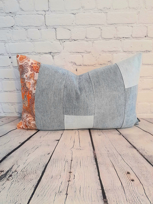 Patchwork denim and vintage fabric bolster cushion.