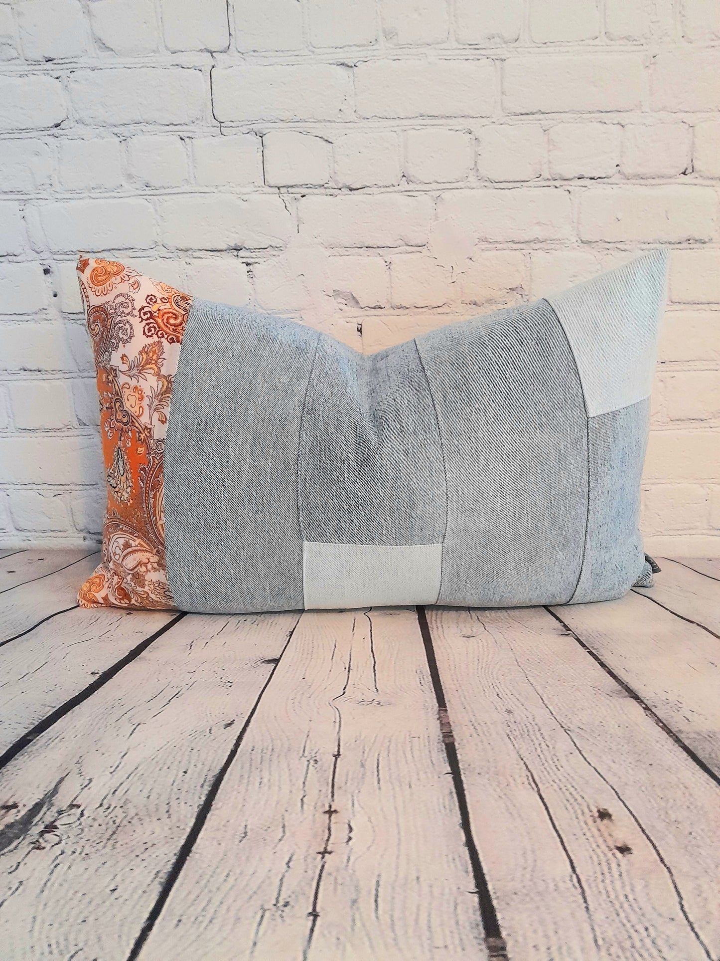 Patchwork denim and vintage fabric bolster cushion cover