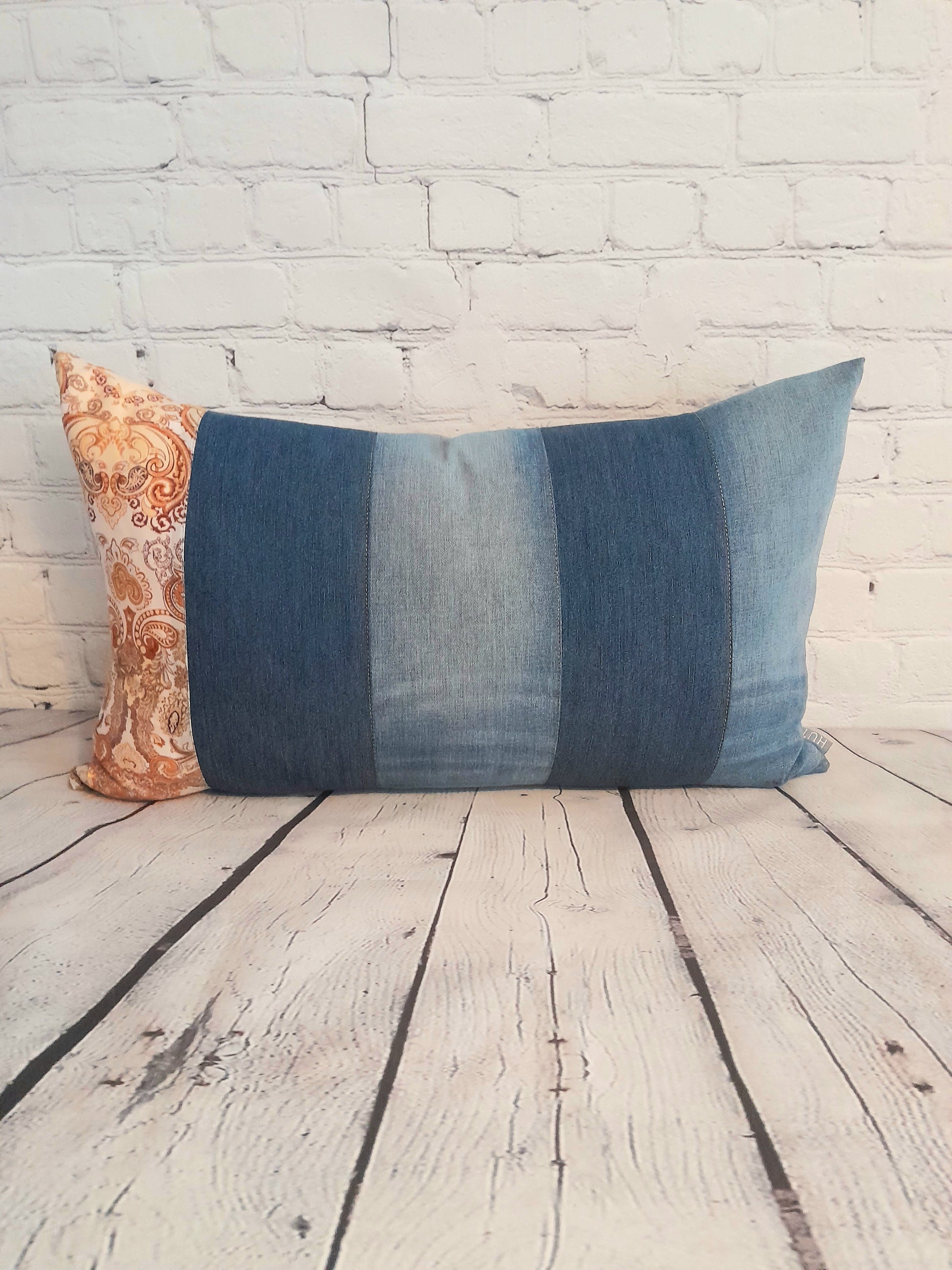 Vintage fabric and re-purposed denim cushion, pillow.