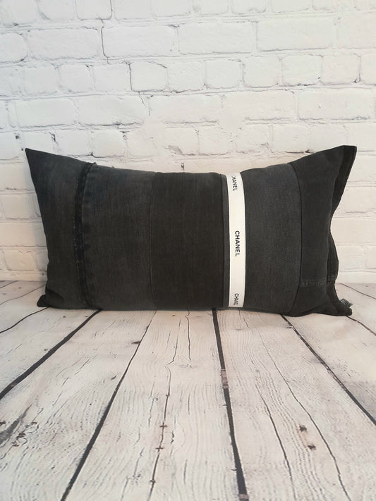 Black denim patchwork bolster cushion