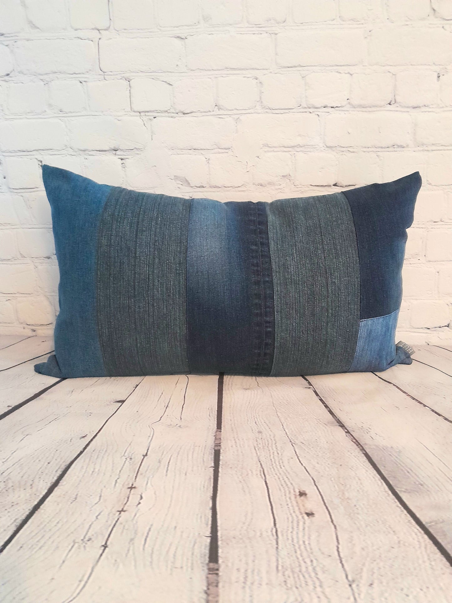 Patchwork blue denim bolster cushion cover