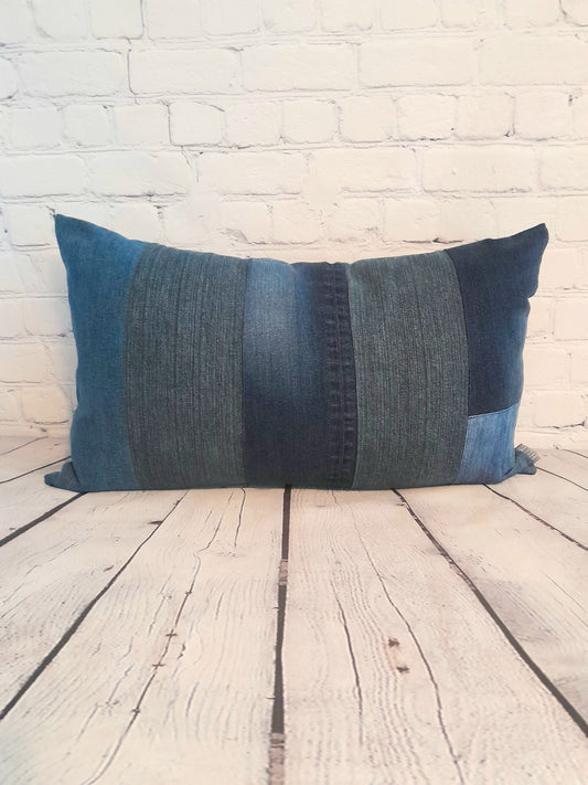 Patchwork blue denim bolster cushion