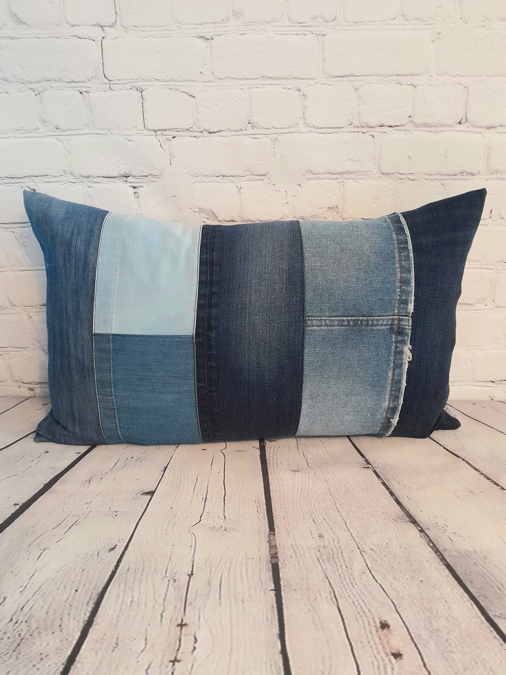 Vintage denim patchwork bolster cushion, throw pillow.  Sustainable interiors.