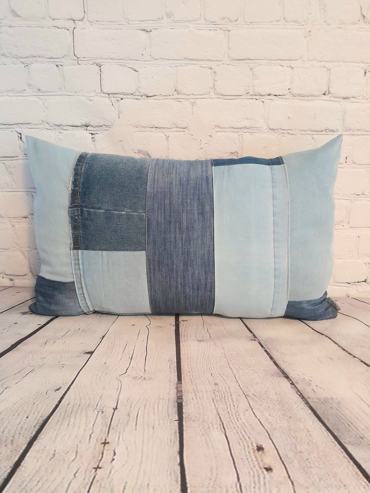 Pale denim cushion, patchwork throw pillow using upcycled denim.  Sustainable interiors.