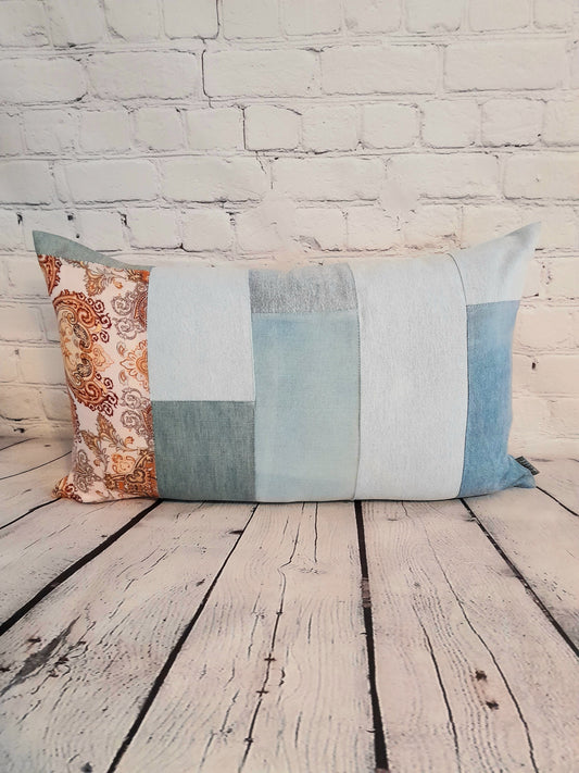 Pale light denim and vintage fabric cushion cover