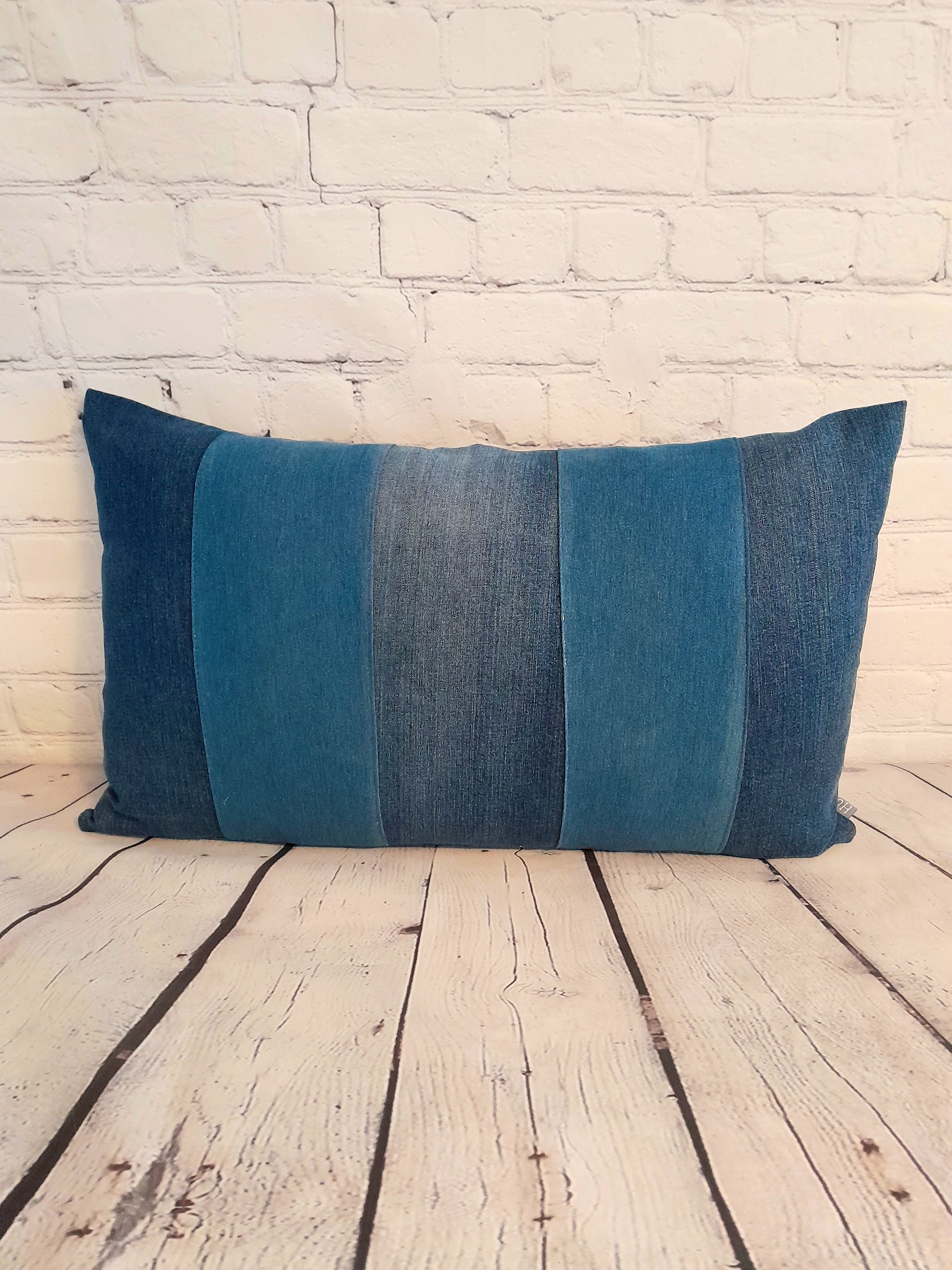 Striped denim bolster cushion, pillow. Blue