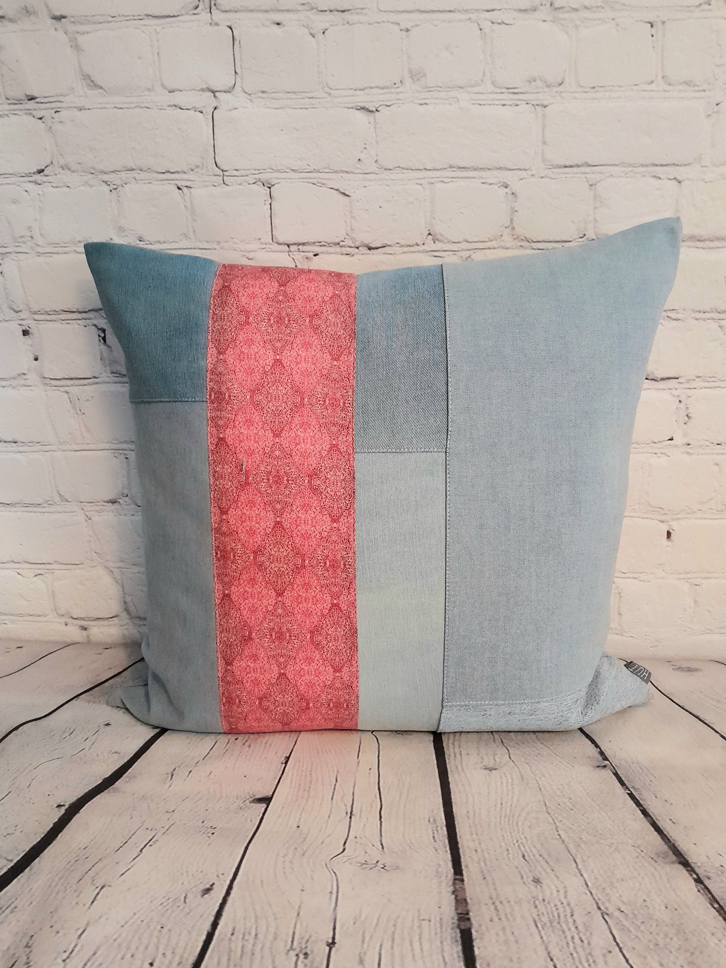 Vintage denim and fabric cushion cover, pillow.  Sustainable home décor.