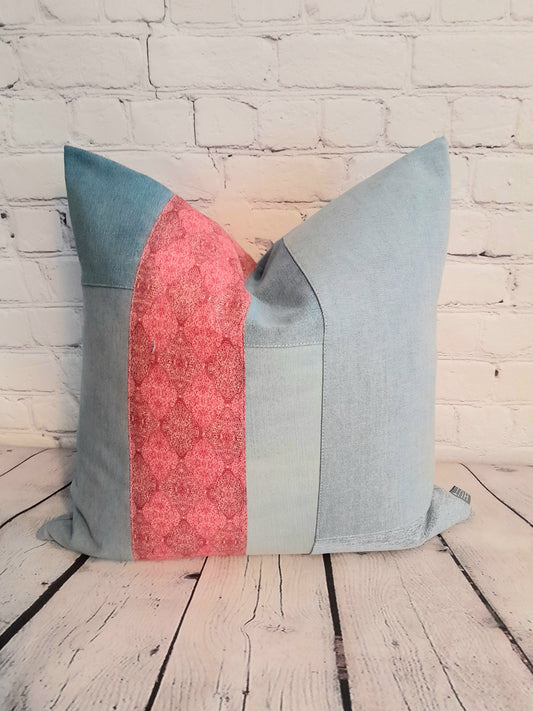 Denim and vintage fabric throw pillow cushion in pale blue and pink.