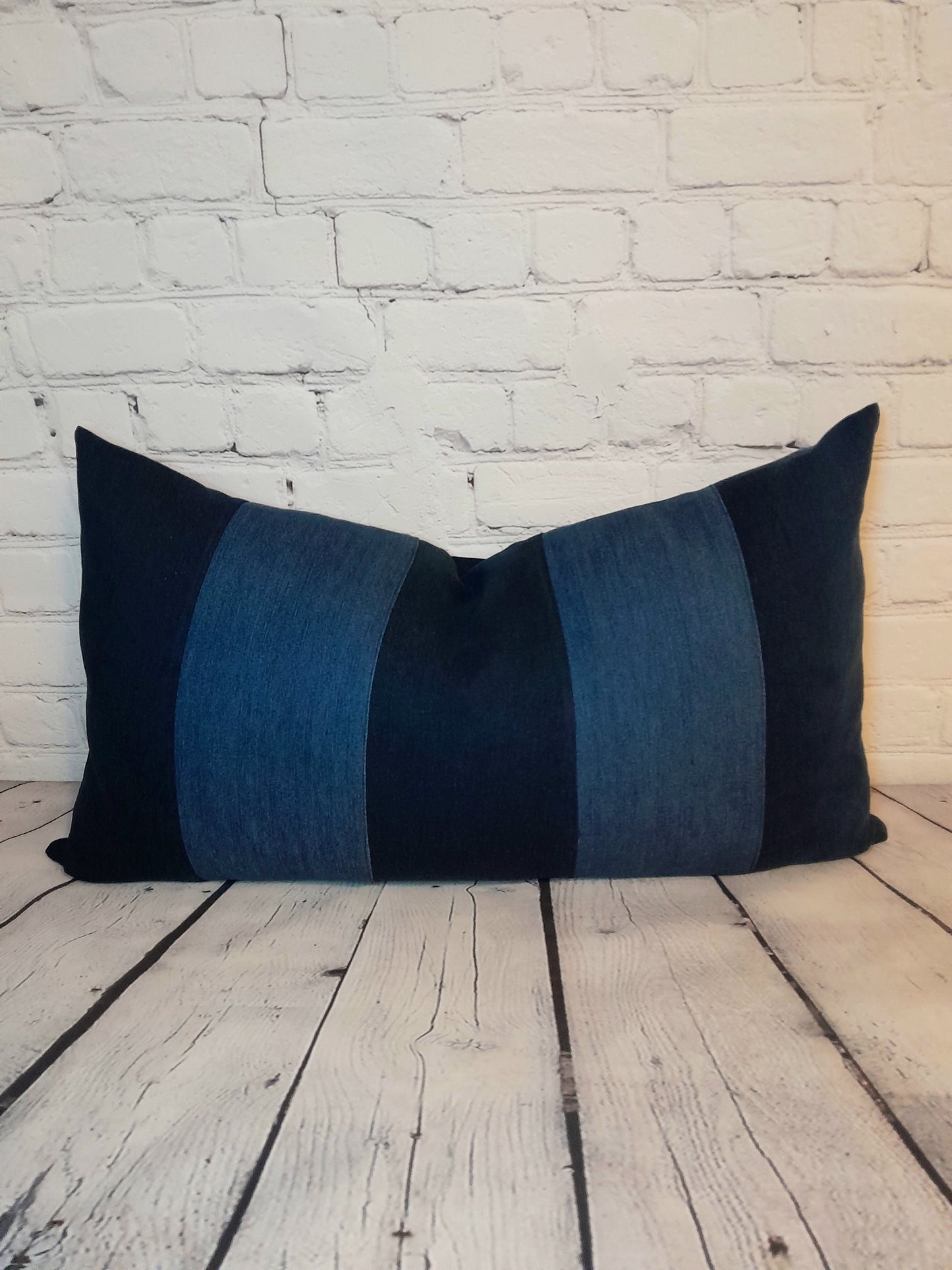 Patchwork vintage denim bolster cushion throw pillow, blue stripe.