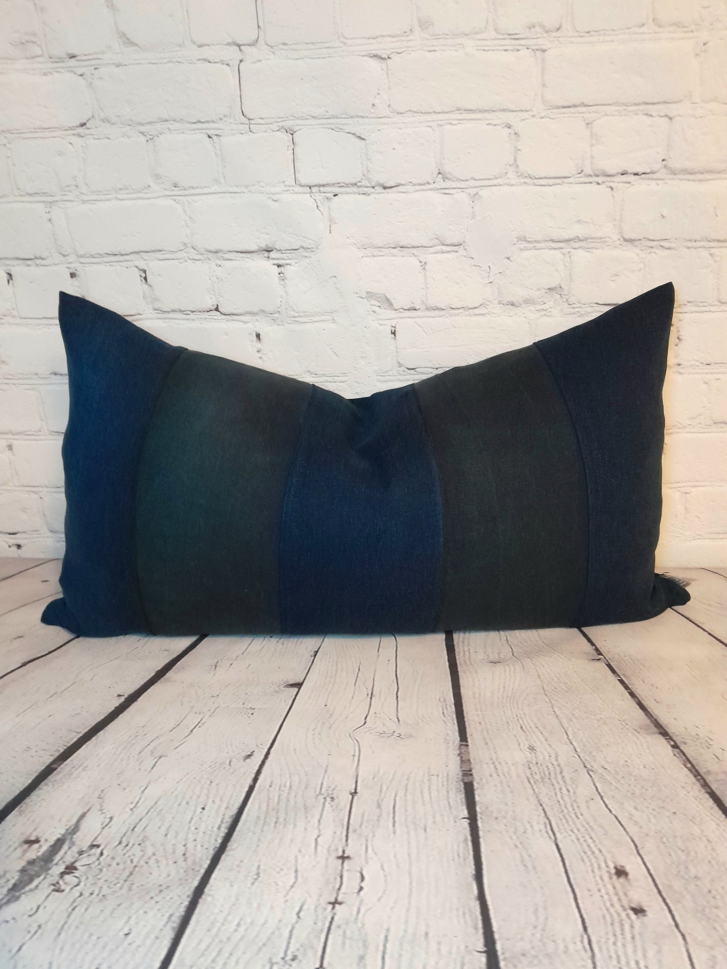 Blue patchwork denim bolster cushion cover throw pillow, blue black wide stripes.
