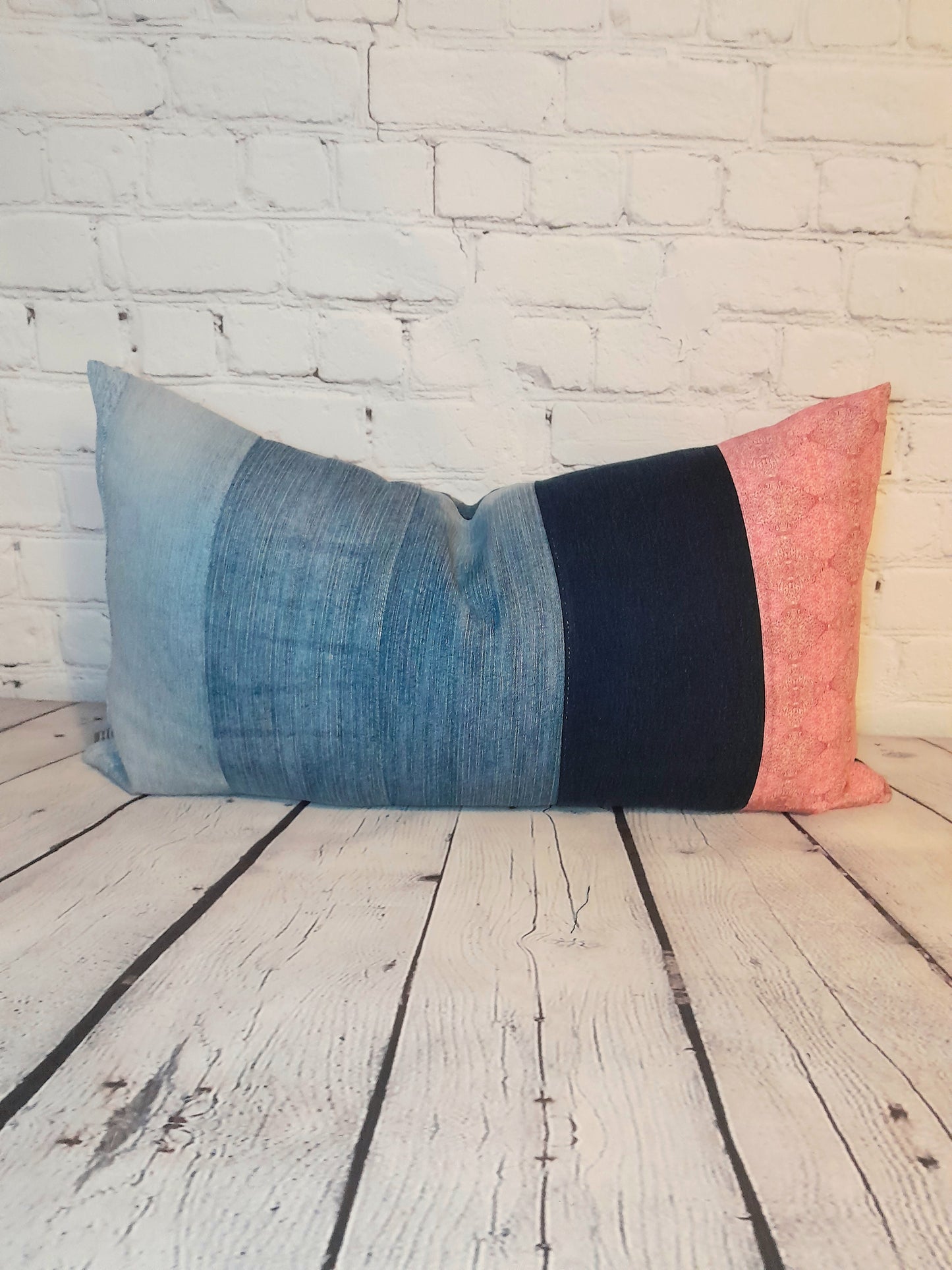 Vintage blue denim and pink Liberty fabric bolster cushion, throw pillow.