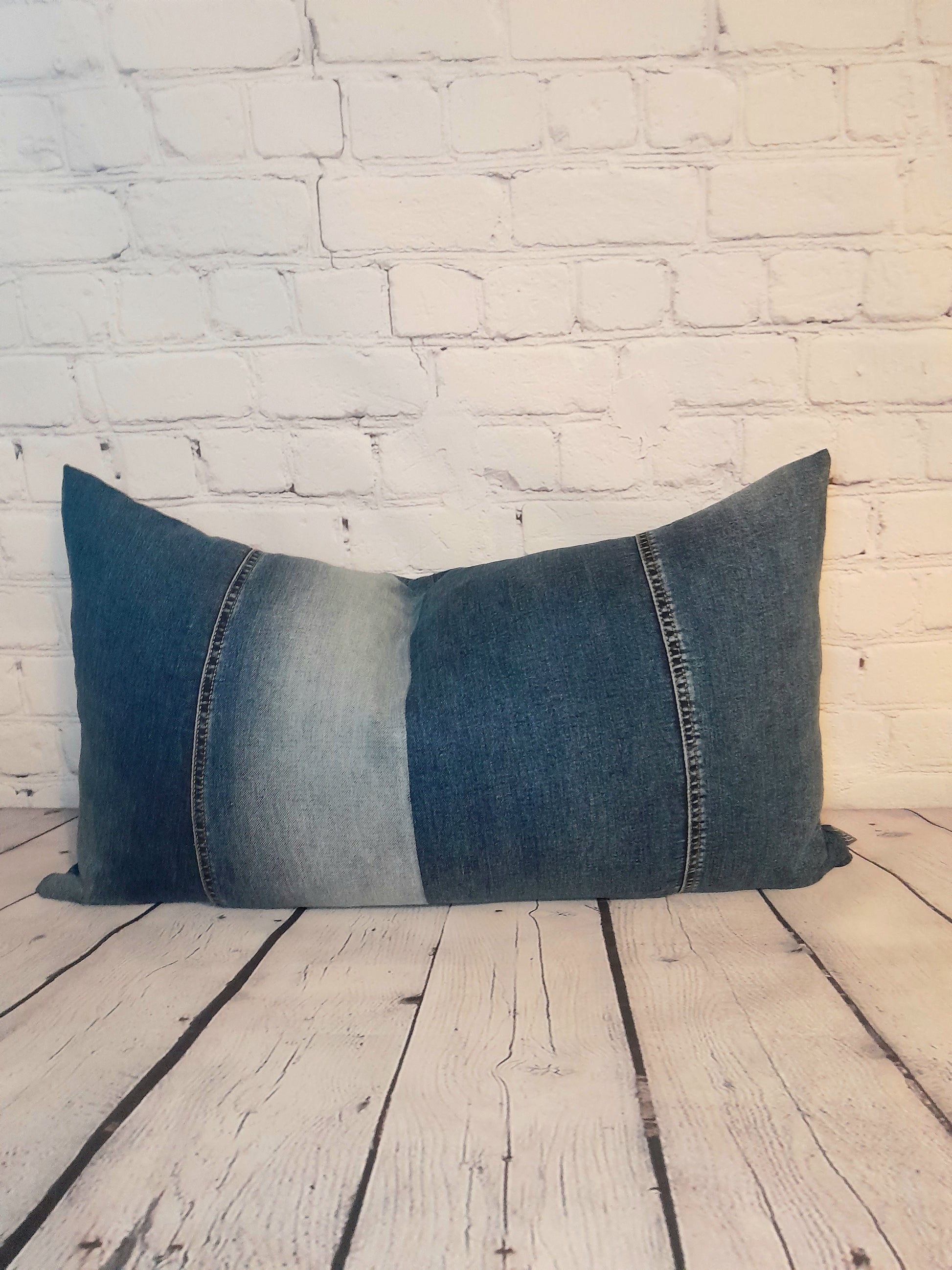 Patchwork blue vintage denim bolster cushion throw pillow 