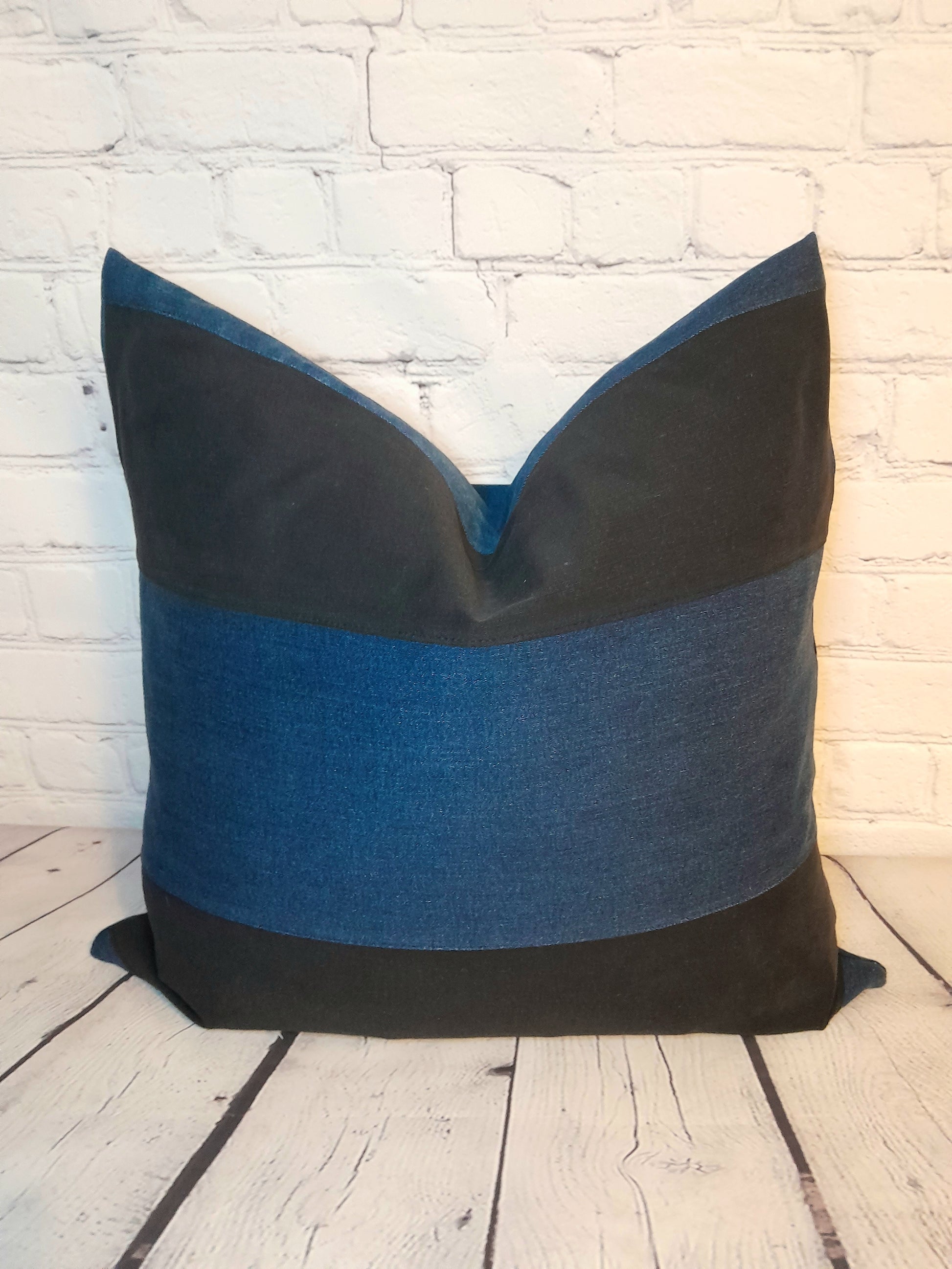 Denim stripe cushion, pillow in blue and black