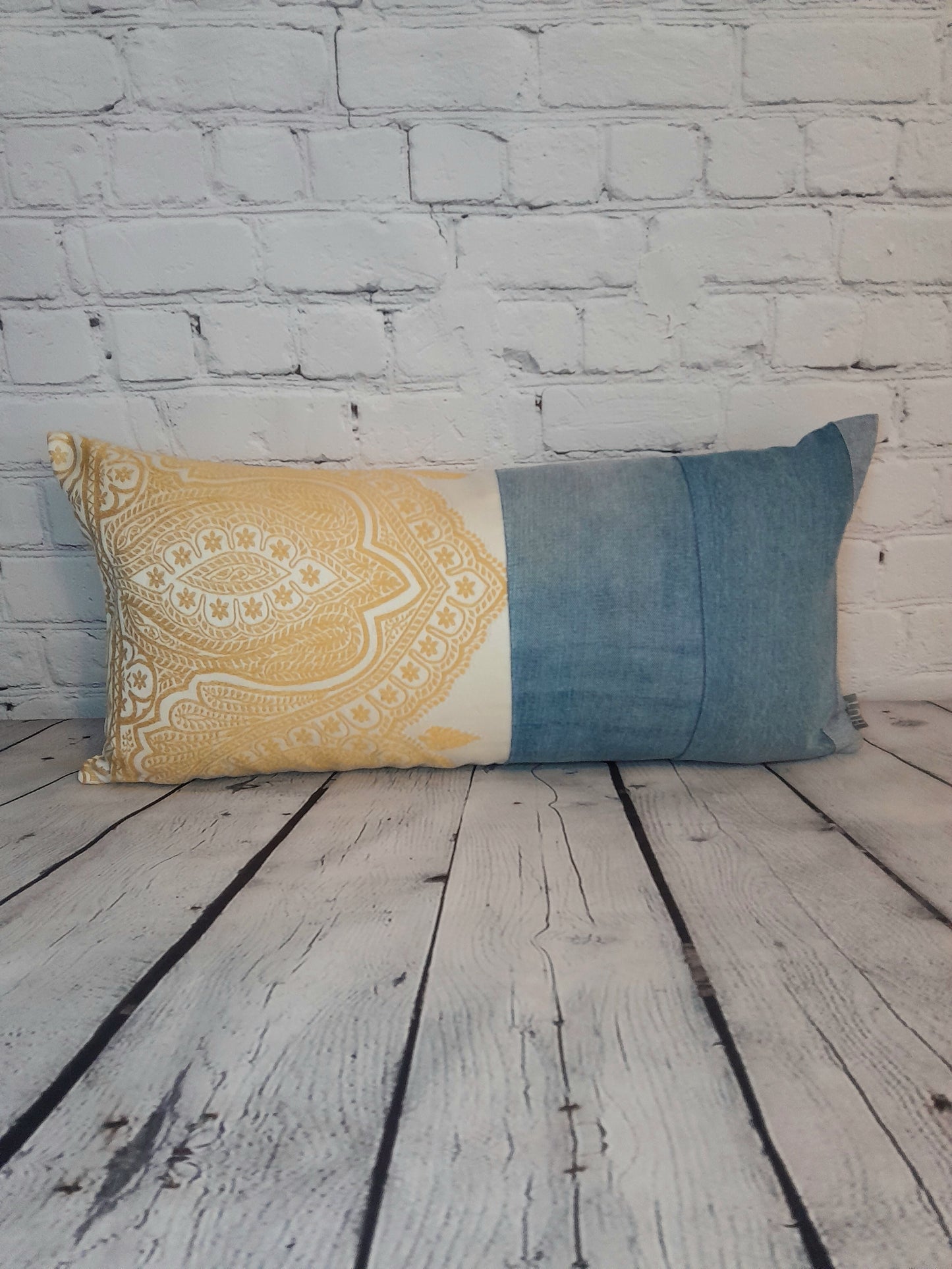 Upcycled luxury cushion. Quality handmade homeware.  Blue denim and yellow embroidered cushion, bolster, throw pillow cover.