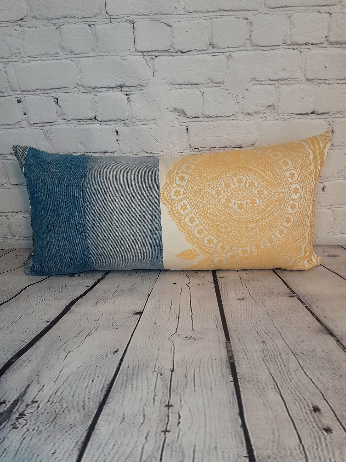 repurposed denim jeans, embroidered cushions in blue and yellow.