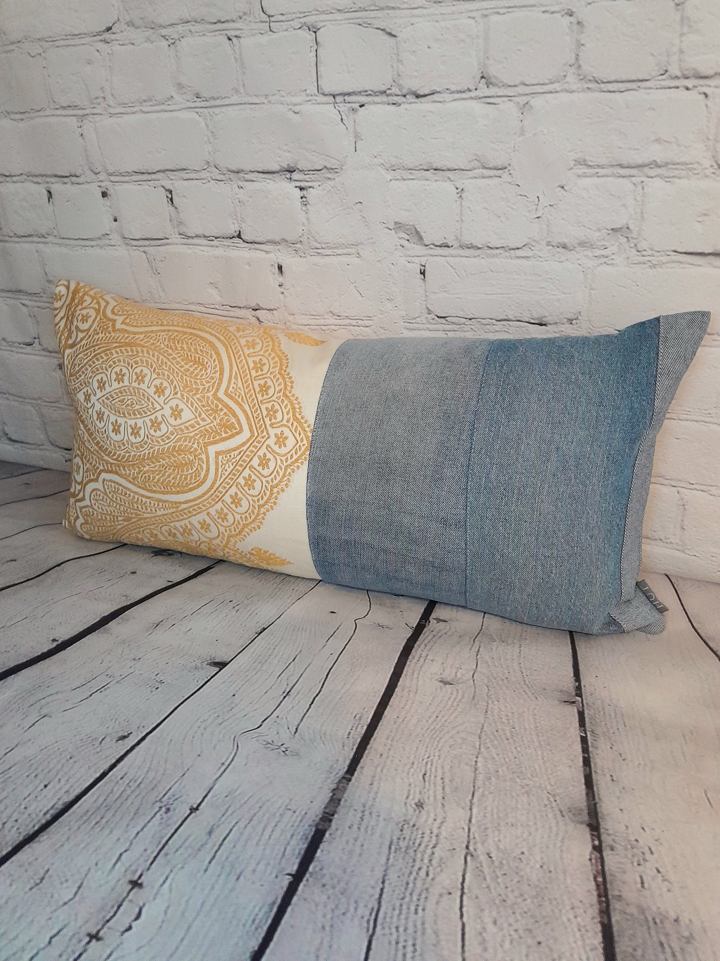 luxury unique boho pillow cushion made from repurposed denim jeans and embroidered furnishing fabric