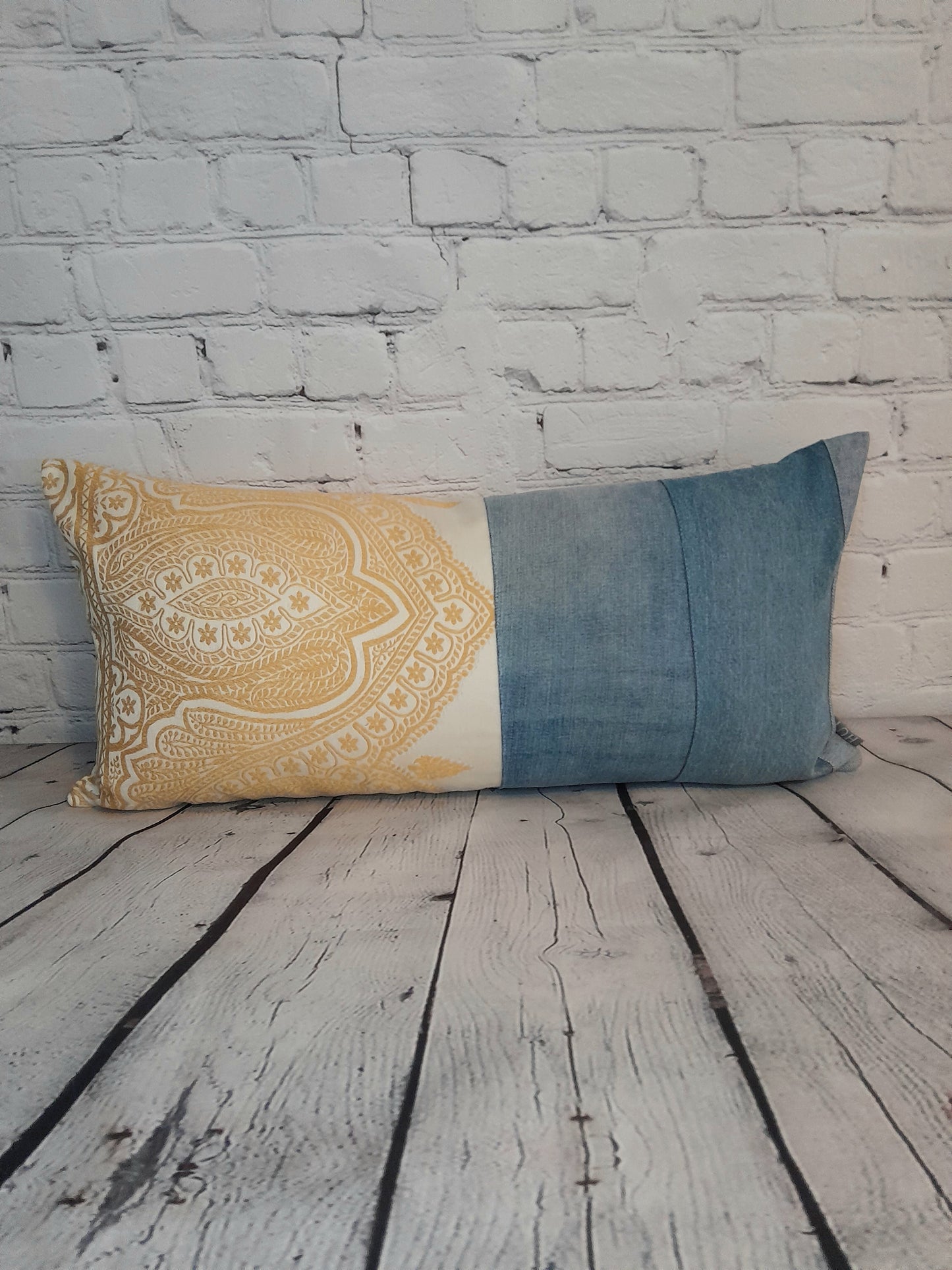 pale denim and boho fabric cushion, pillow, throw, scatter bolster.