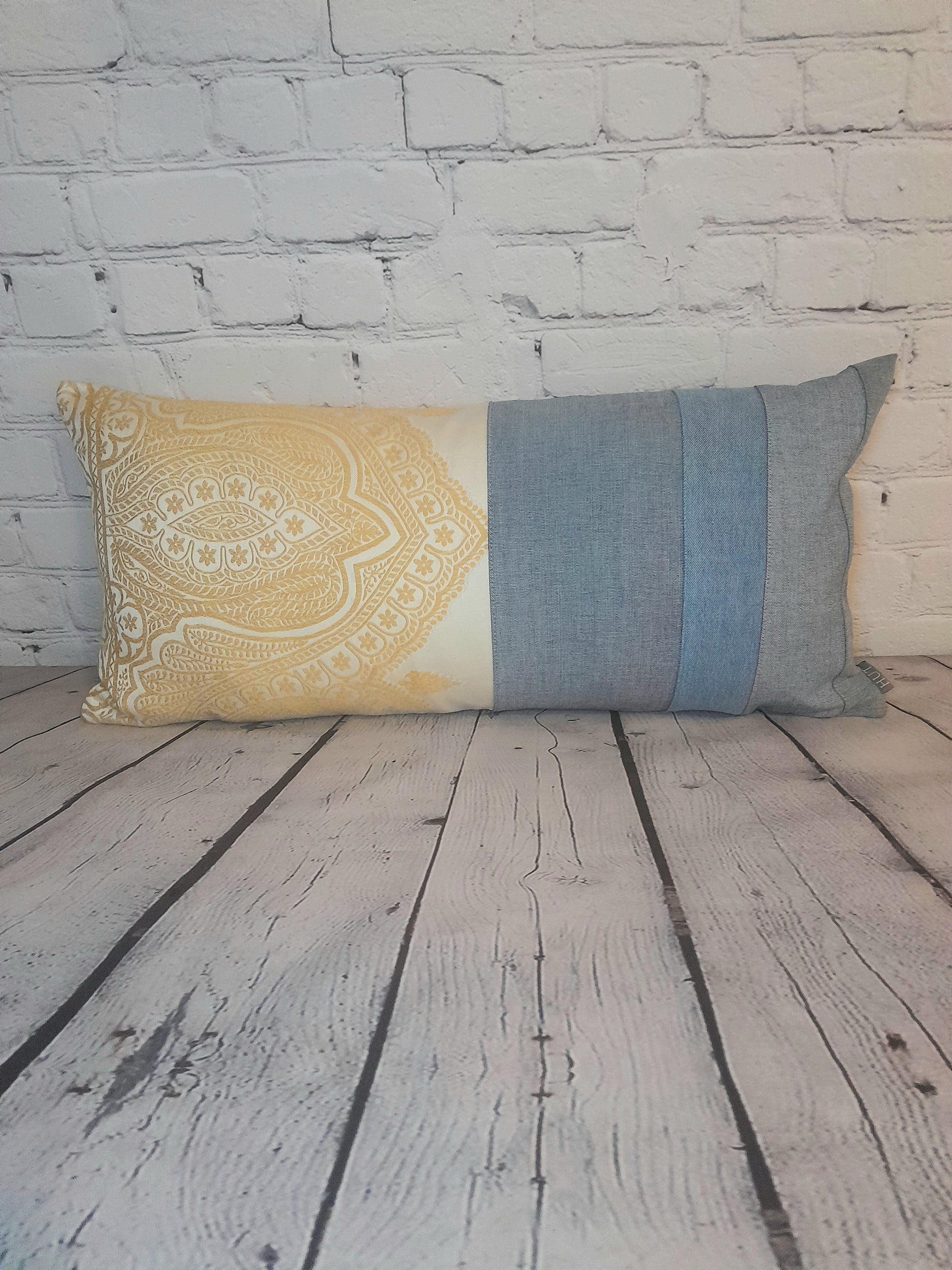 rectangle luxury denim bolster cushion cover throw pillow, unique eco interior decor, using vintage denim and dead stock designer furnishings fabric. Small soon to be before company.