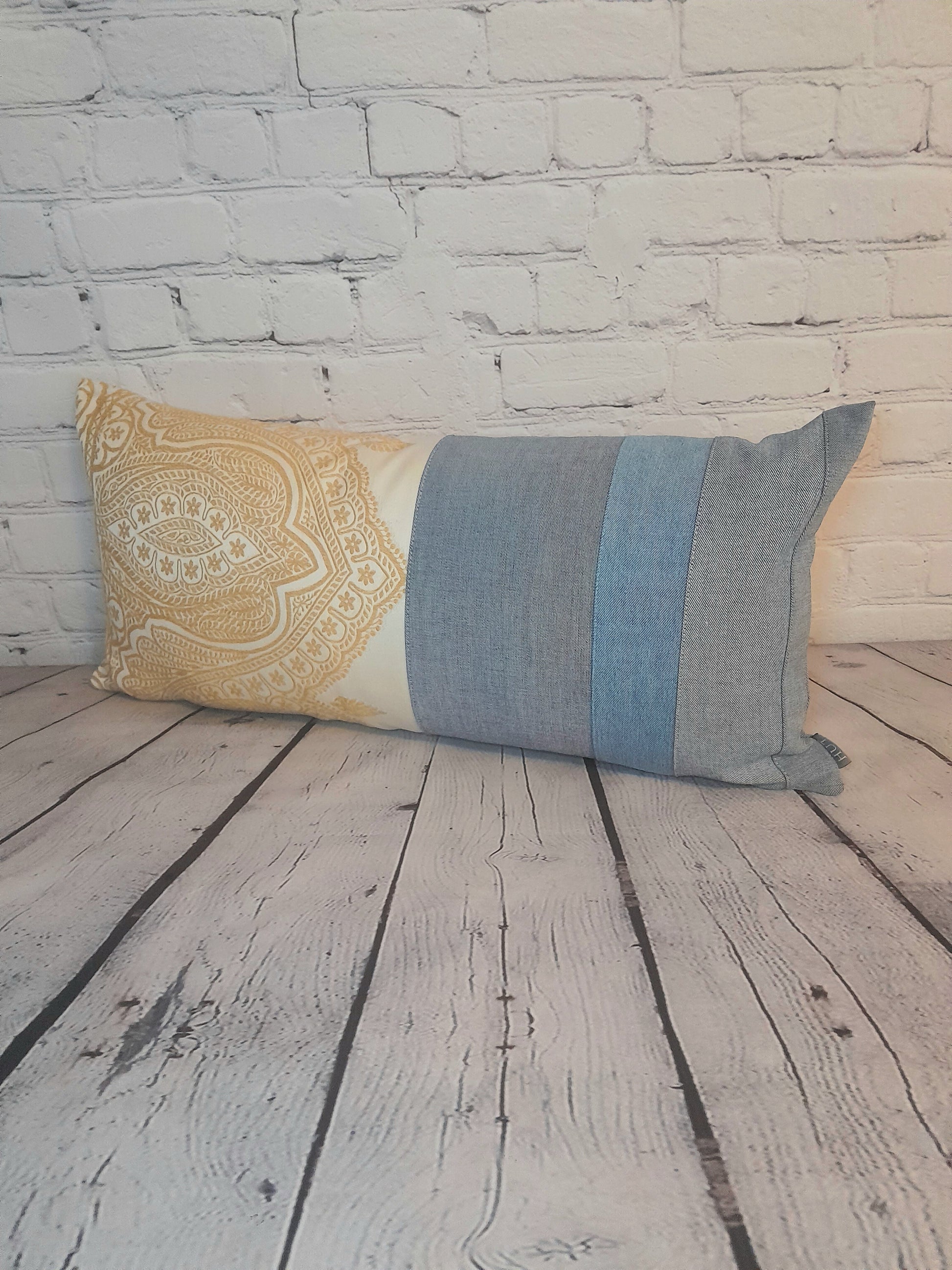 luxury handmade denim cushion cover rectangle blue yellow, upcycled throw pillow in blue, cream and yellow.