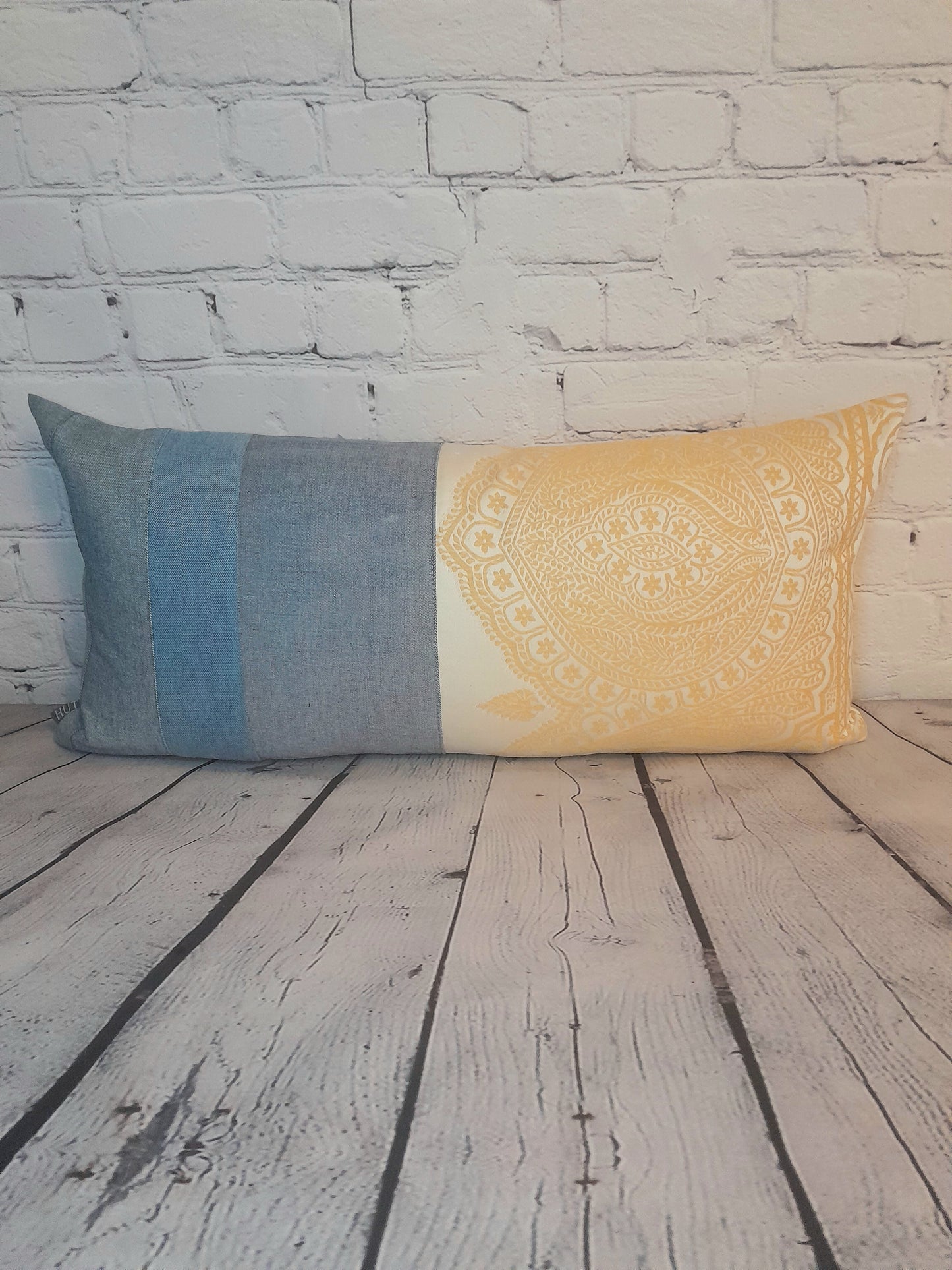 rectangle denim cushion cover handmade in the UK upcycled interior decor