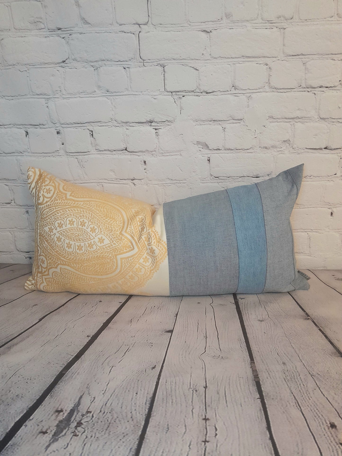 luxury handmade denim bolster cushion cover in blue and yellow