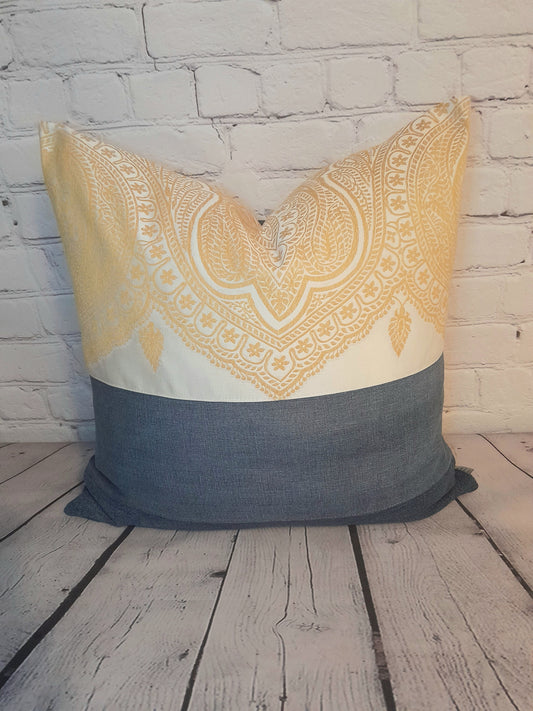 Handmade throw pillow cushion from denim jeans and embroidered fabric