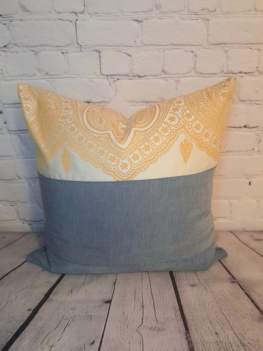 repurposed denim and yellow embroidered cushion