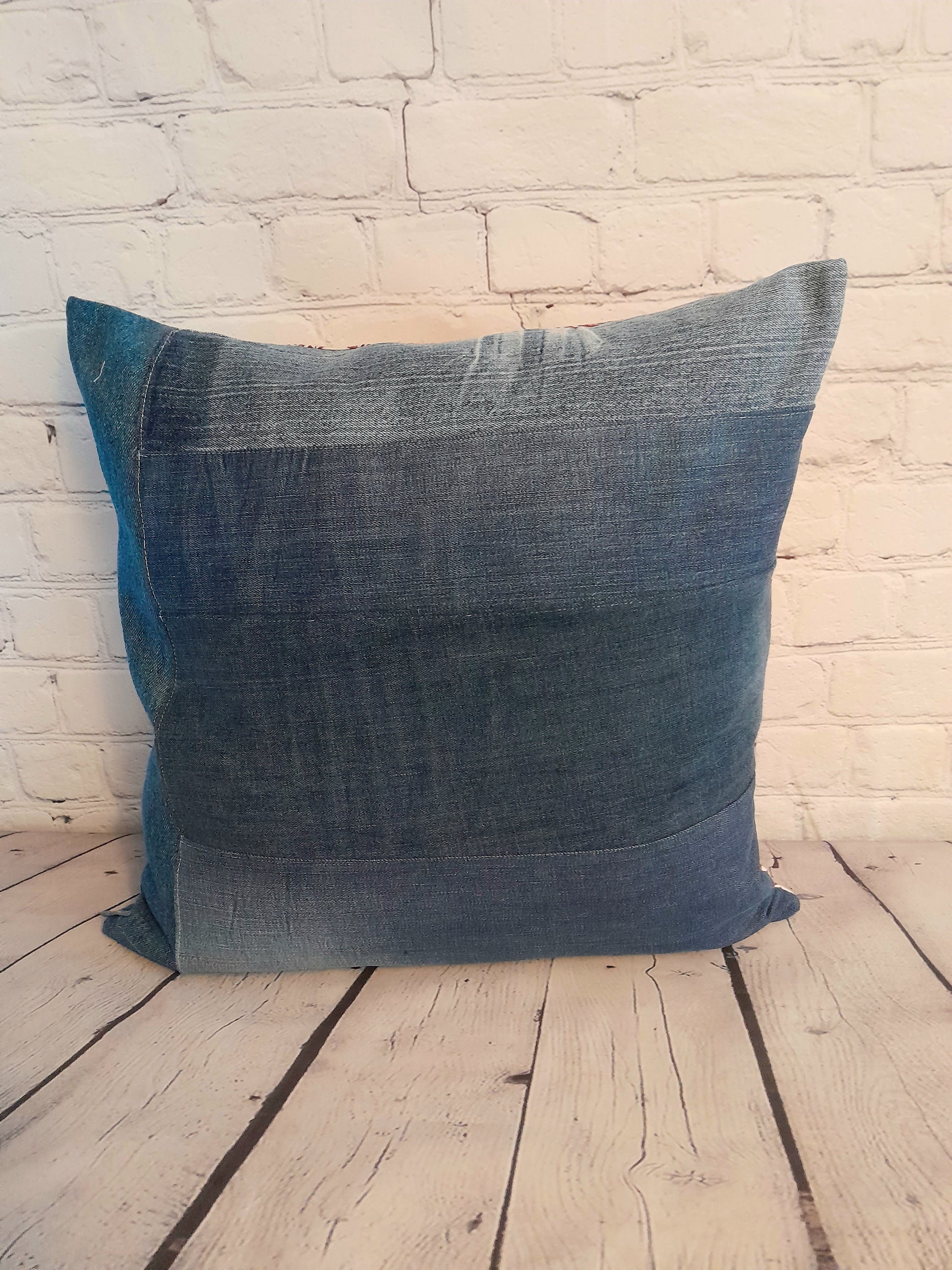 repurposed denim cushion, blue patchwork.