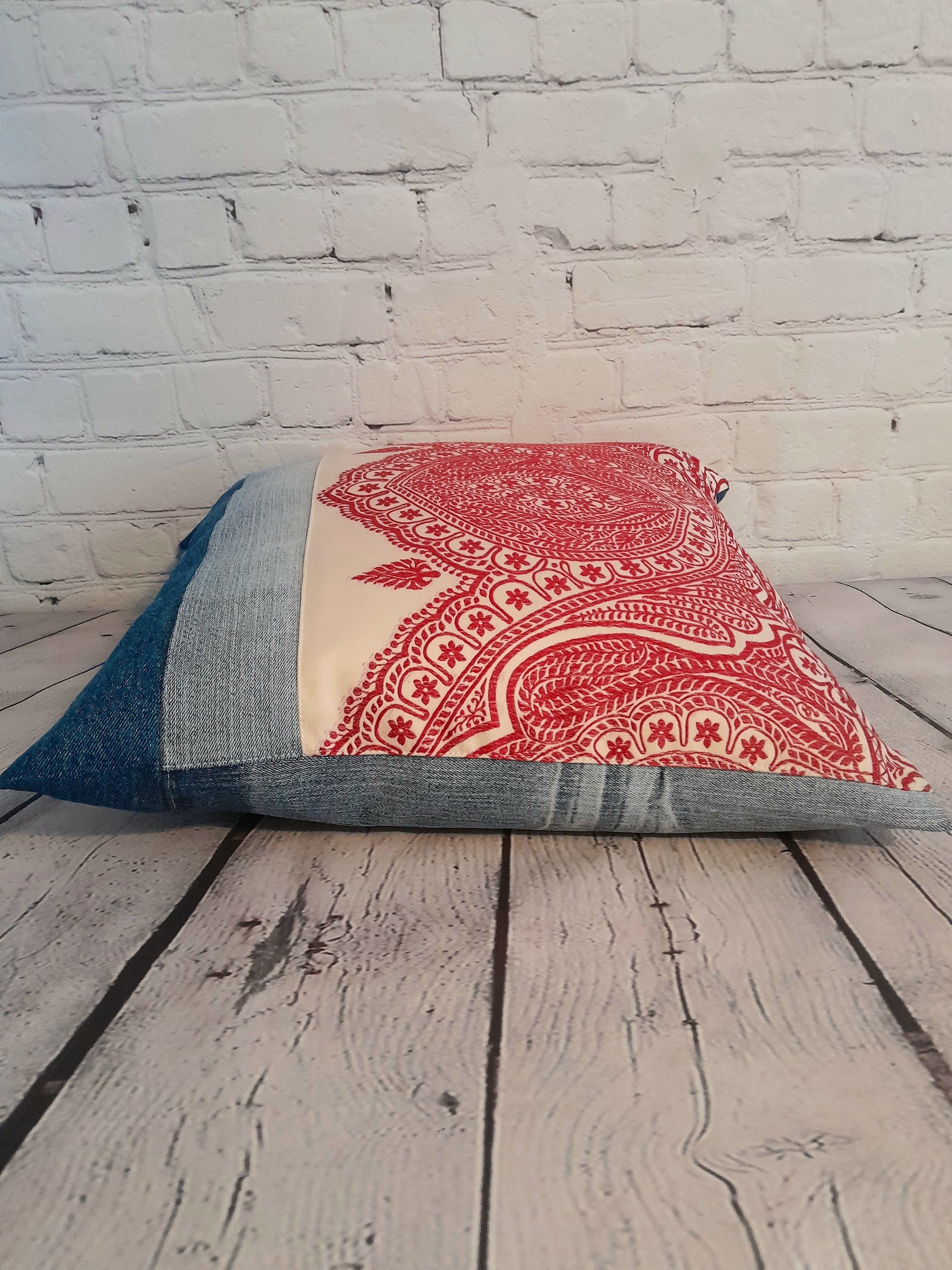 upcycled denim cushion throw pillow red cream and blue home decor.