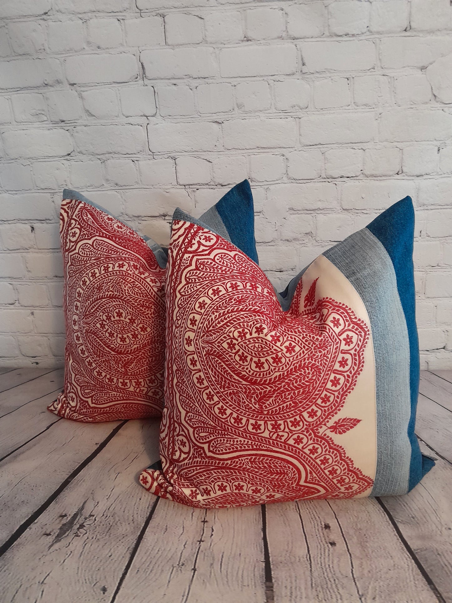 denim and embroidered cushion luxury boho throw pillows in blue cream and red