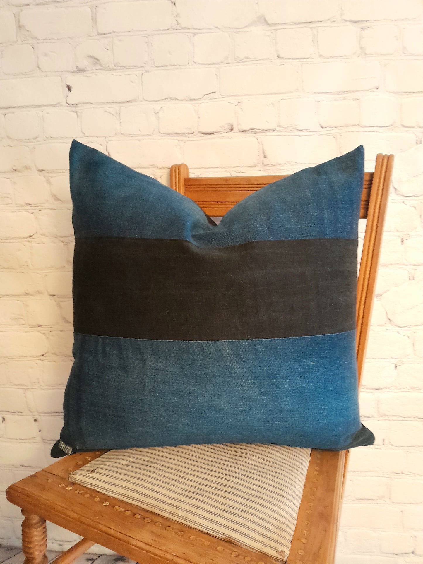 Vintage denim stripe cushion blue black
