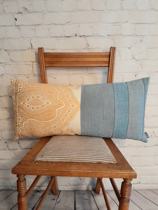 Bolster cushion cover yellow embroidery and repurposed denim throw pillow