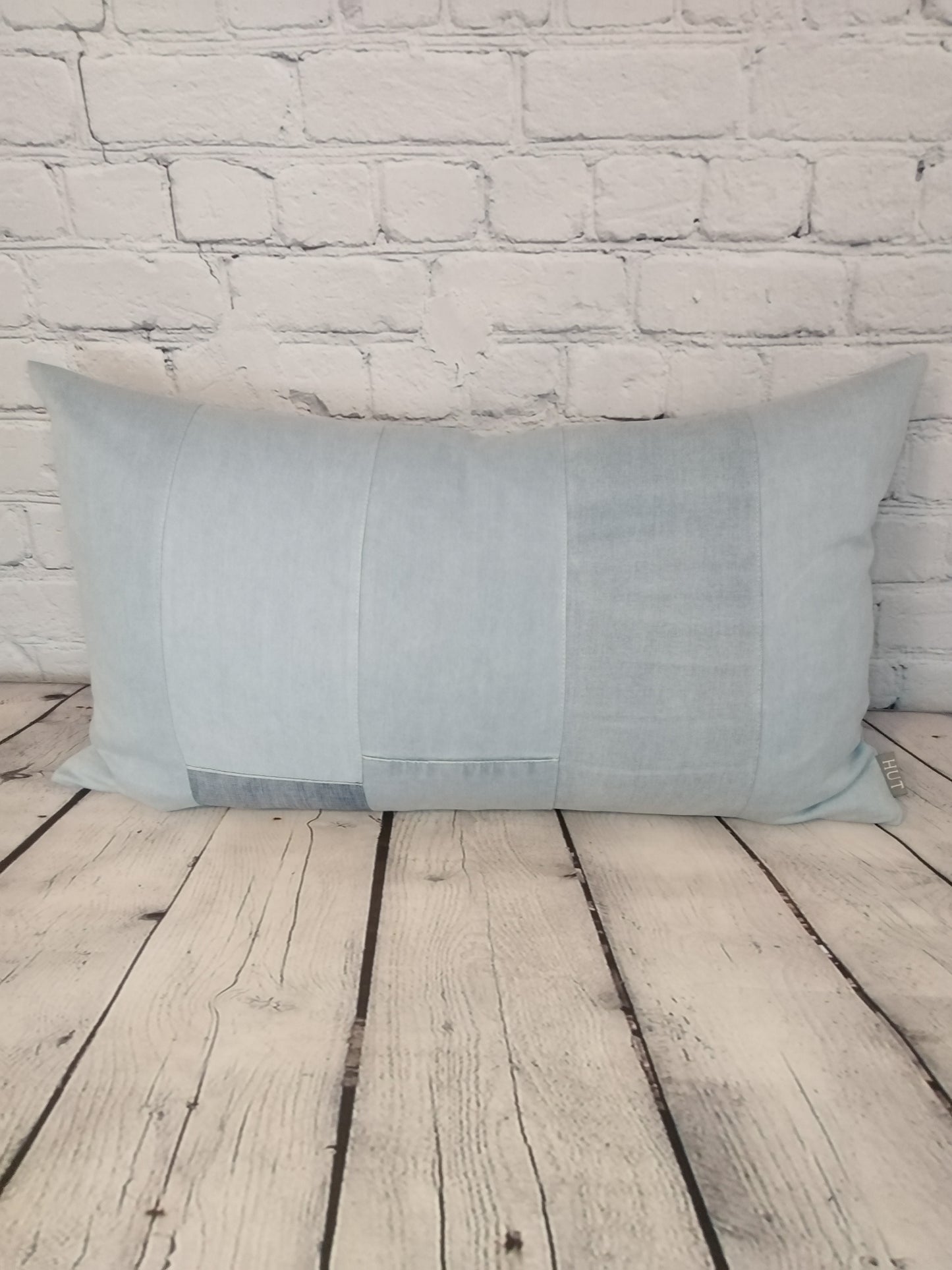 Light denim handmade patchwork bolster cushion, inique home decor.