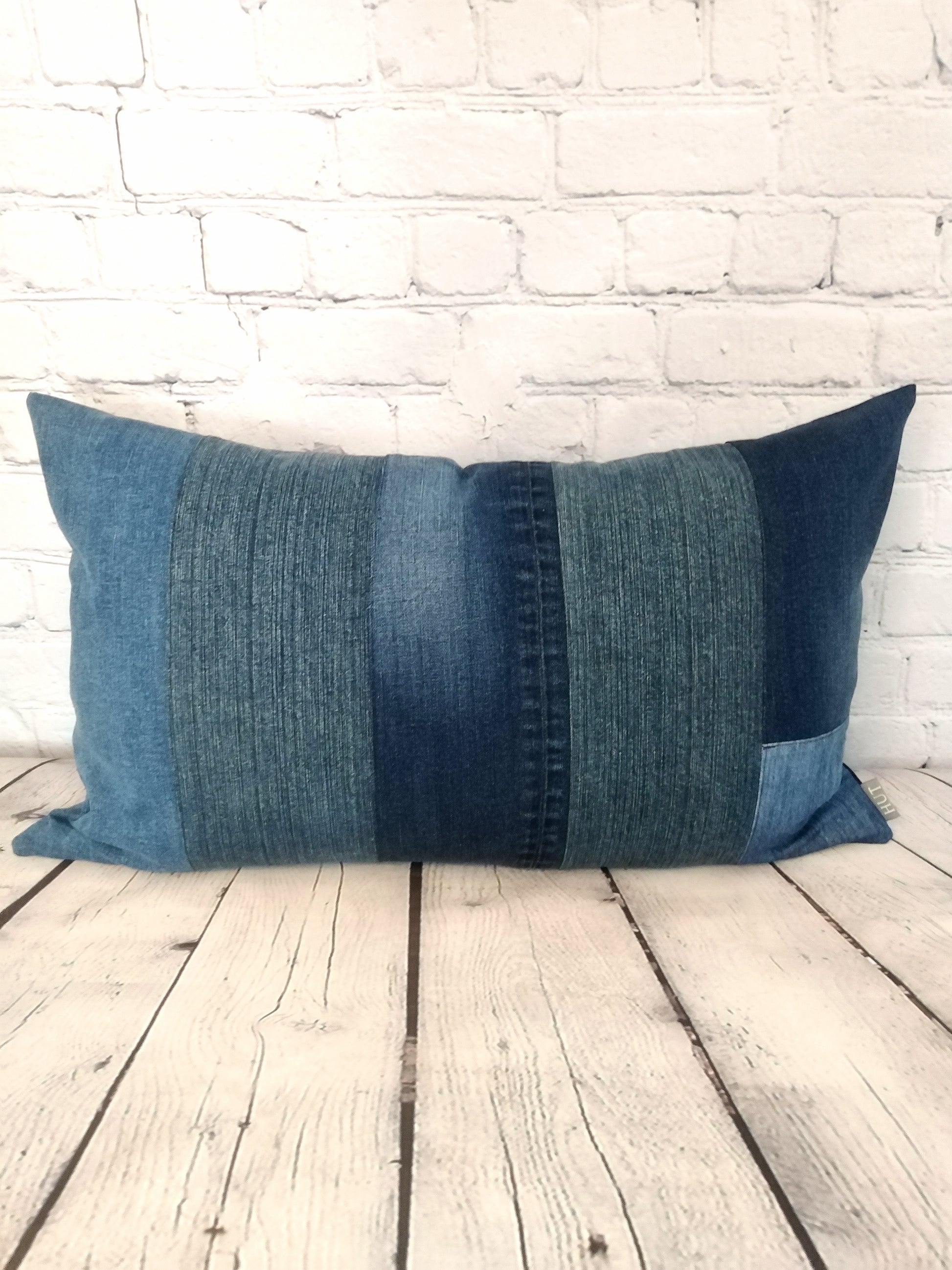 Handmade patchwork blue denim bolster cushion