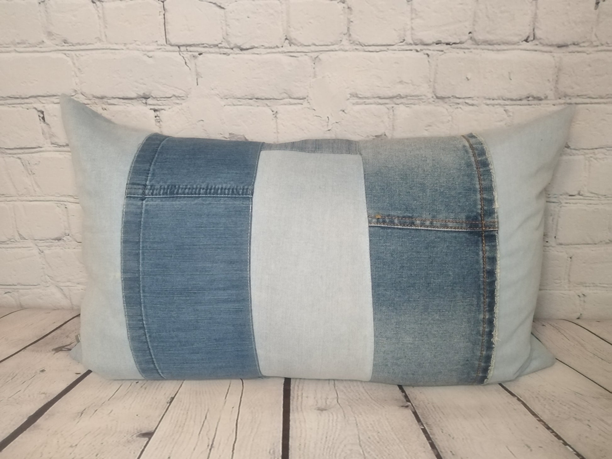 blue handmade patchwork denim bolster cushion