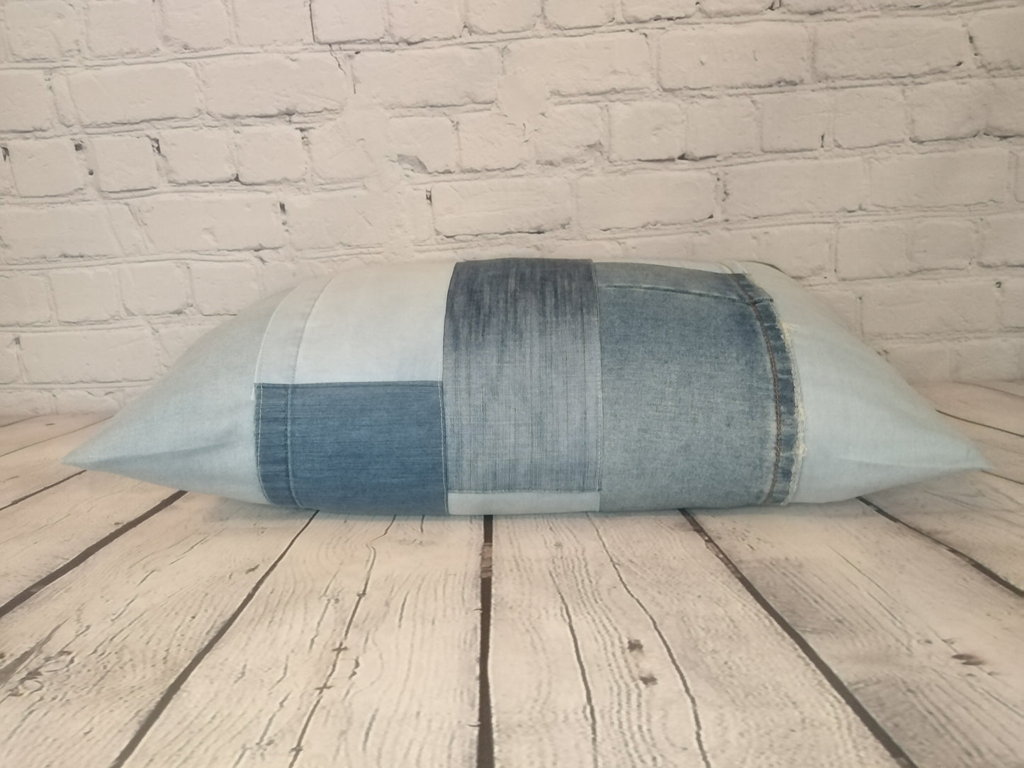 handmade boho decor, blue patchwork bolster cushion