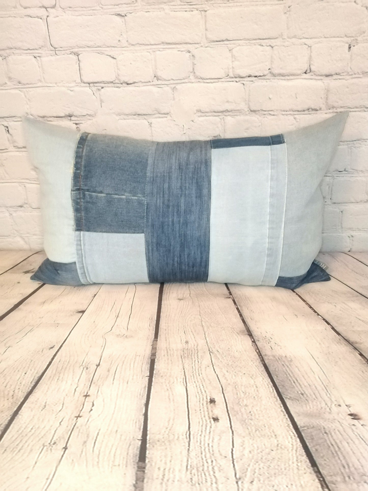 Blue denim patchwork bolster cushion, handmade boho style.