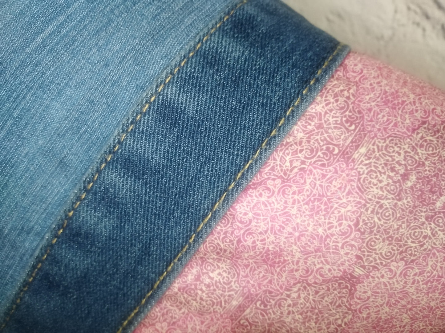 Patchwork denim and Liberty bolster cushion cover