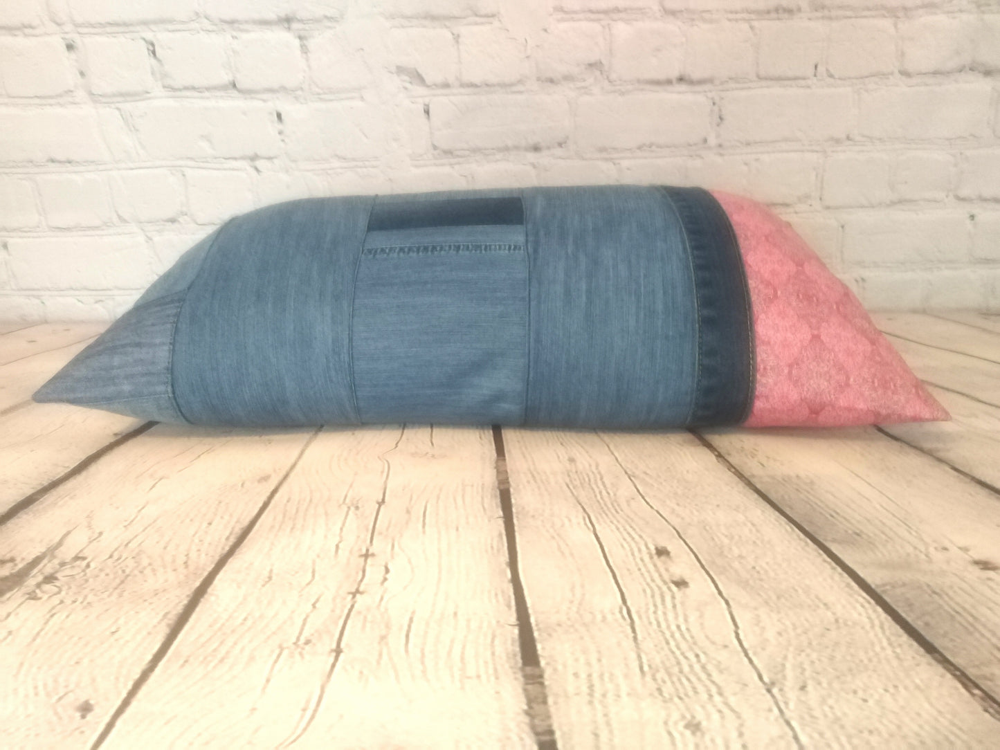 Patchwork denim and Liberty bolster cushion cover
